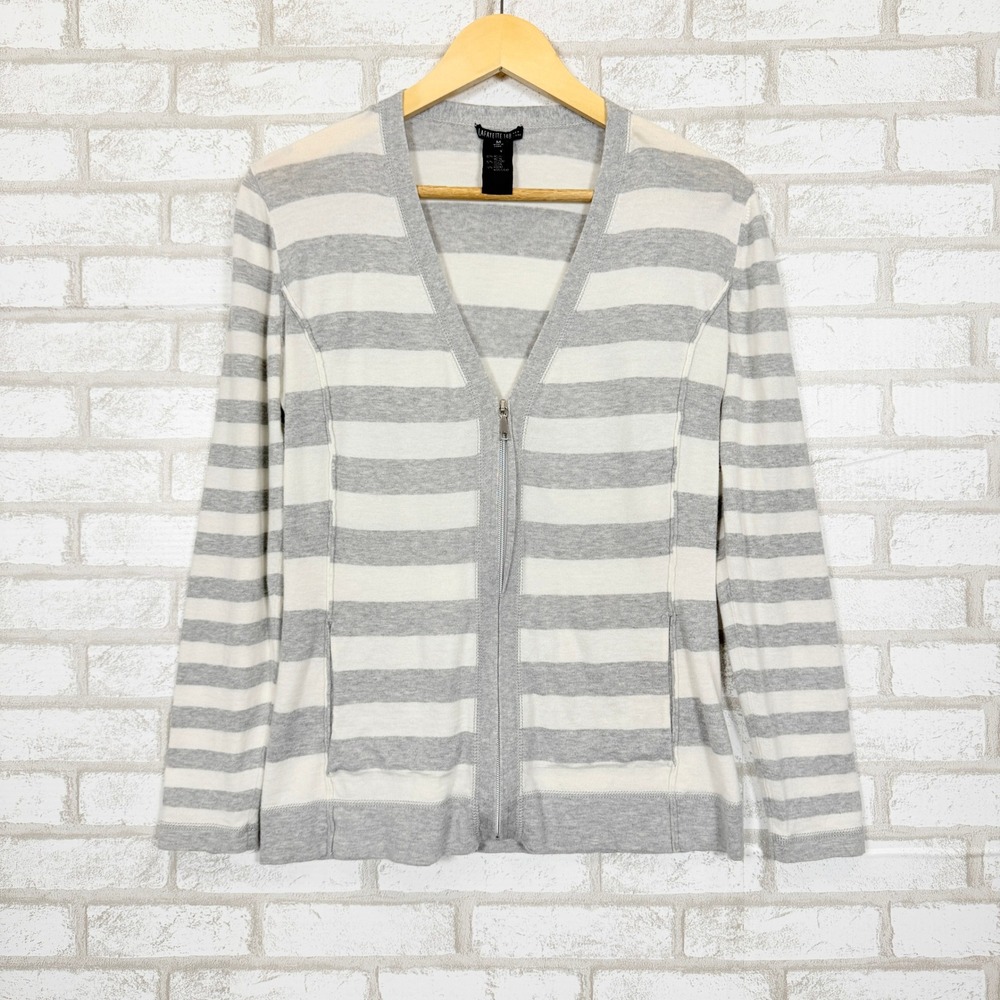 Lafayette 148 Striped Zip Front Cardigan Gray Cream Modal Wool Sz M Quiet Luxury